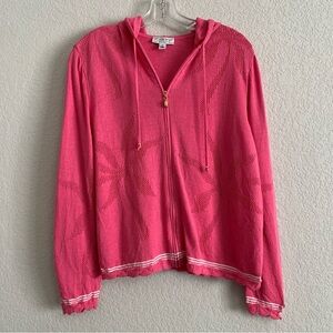 St John Sport Hoodie Cardigan Sweater Womens M Palm Tree Full Zip Preppy Pink